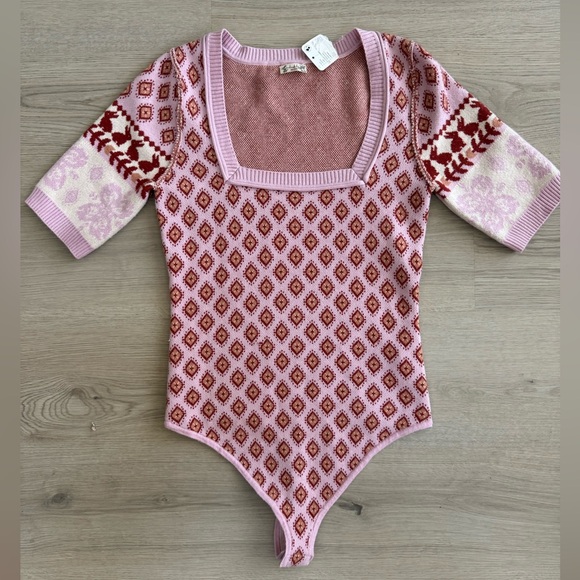 NWT Free People Intimately Snow Bunny Sweater Bodysuit Size XS Pink Candy Combo - Picture 7 of 9